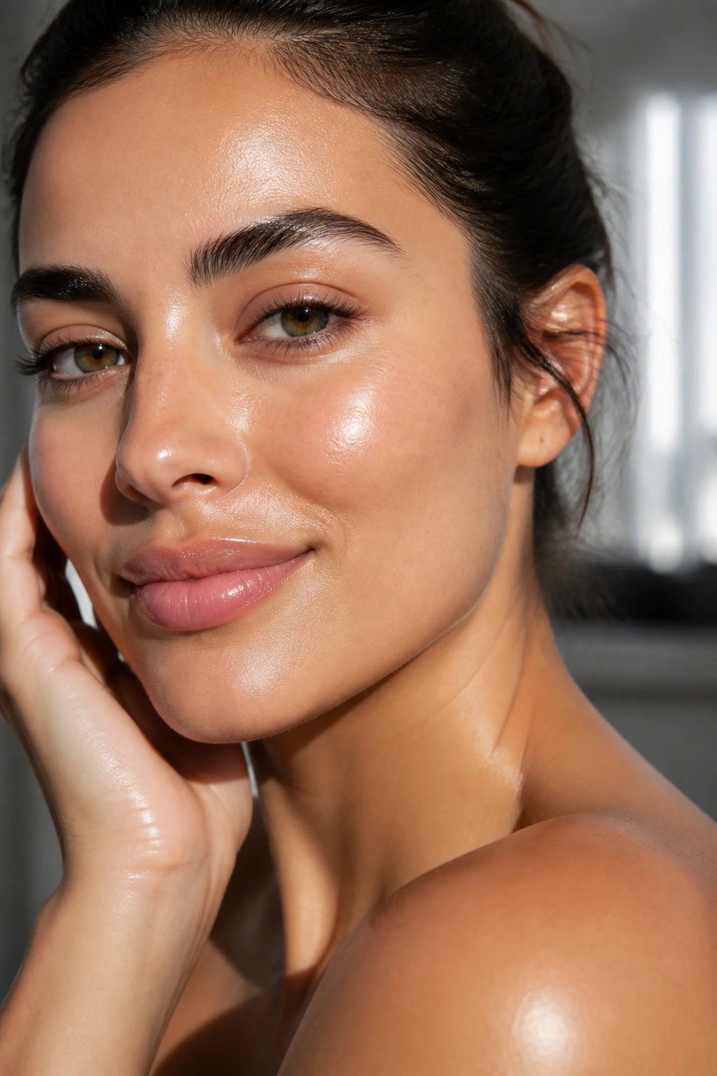 10 Amazing Benefits of Eating Plums for Skin 1 Close-up of a real person's dewy, hydrated skin under soft window light.