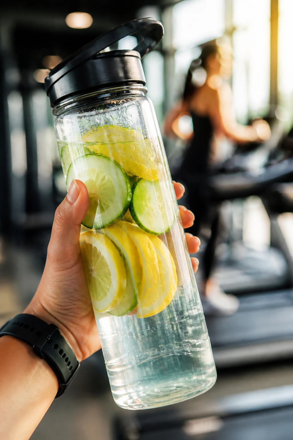 Sports bottle with lemon cucumber infused water in gym setting