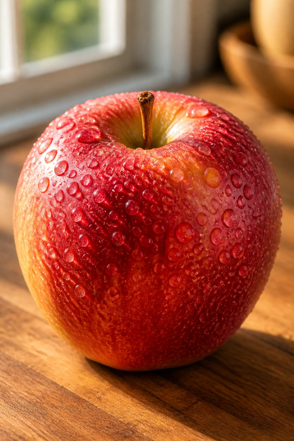 Close-up of a dewy apple on a warm kitchen counter symbolizing hydration