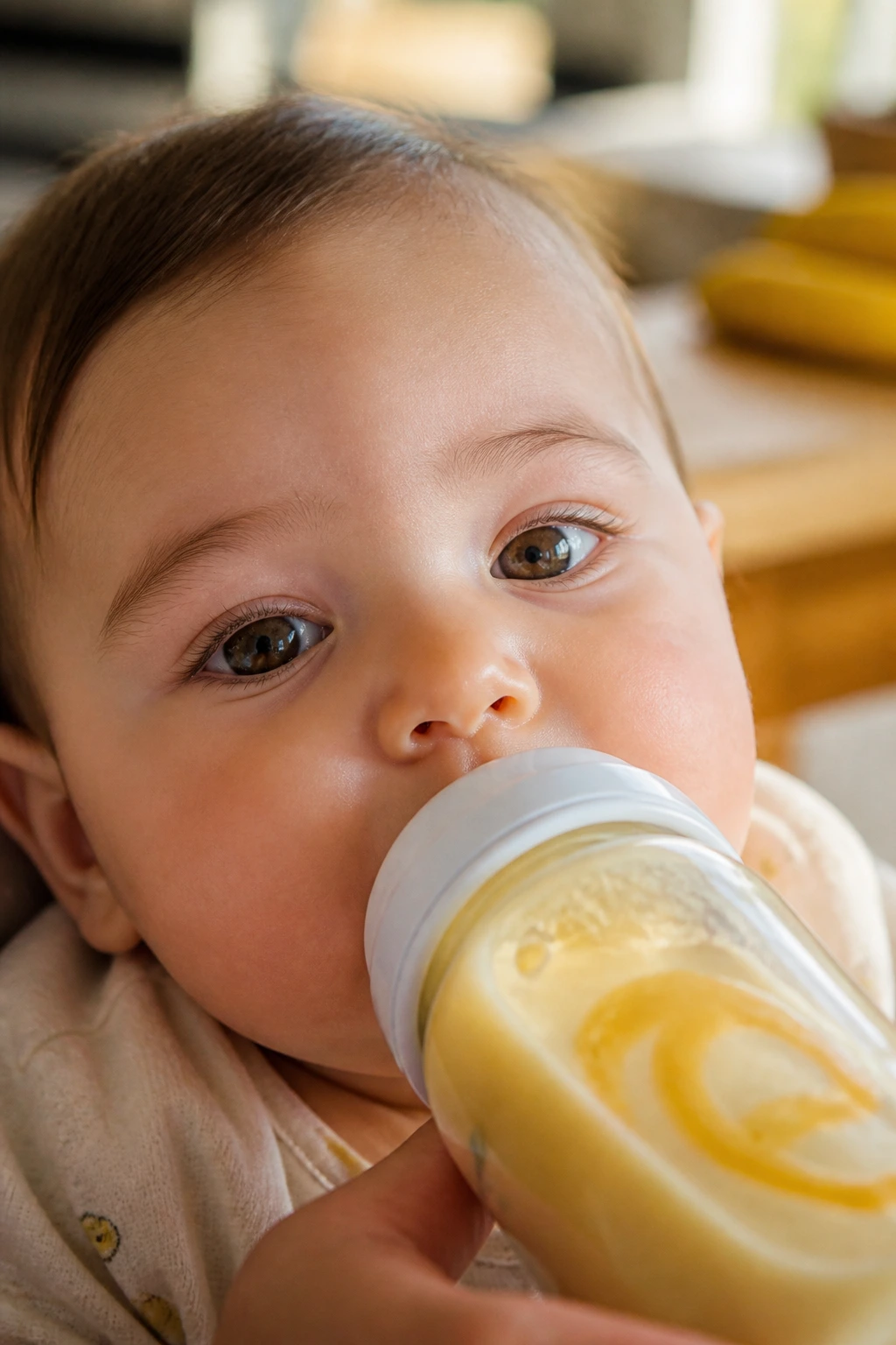 Close-up of a baby drinking from a bottle with a hint of banana in the liquid in a warm kitchen.