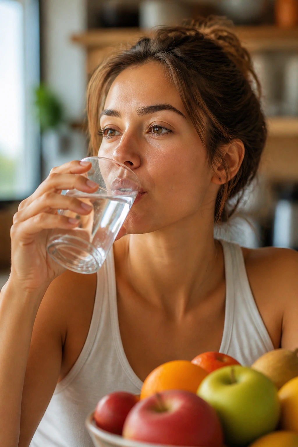 Close-up of a person drinking water after tasting a tannin-rich fruit, illustrating conclusion about dryness.