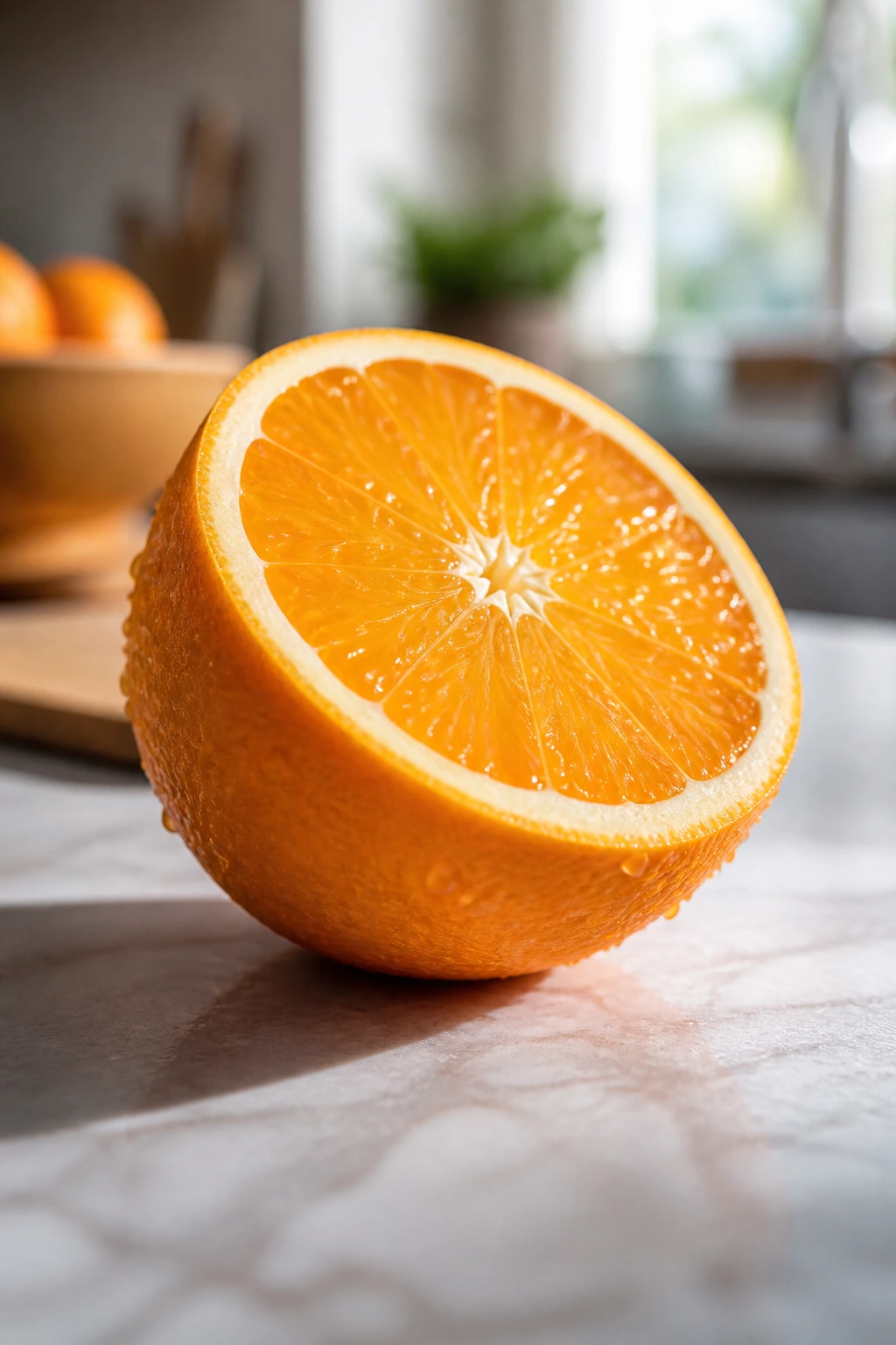 Citrus Relief: Are Oranges Good For Diarrhea? 5 Orange half with droplets in a bright kitchen, highlighting hydration and nutrition benefits.