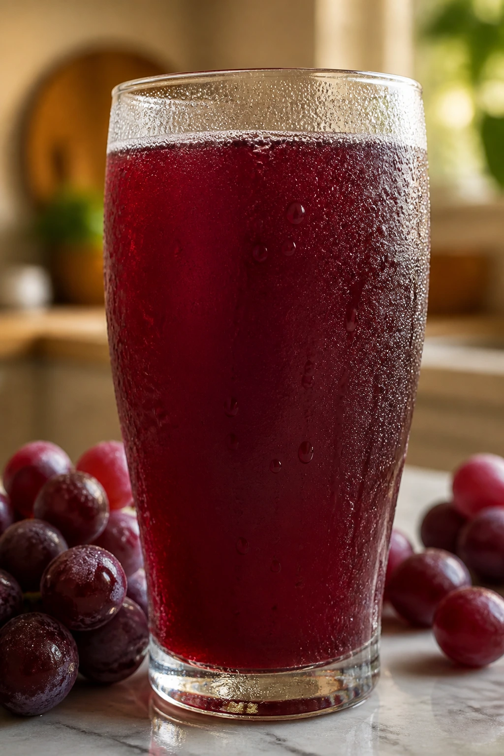 Close-up of a glass of red grape juice filling the frame with condensation.