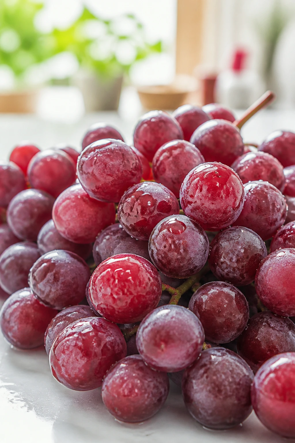 Grapes with water droplets showing hydration in bright kitchen light