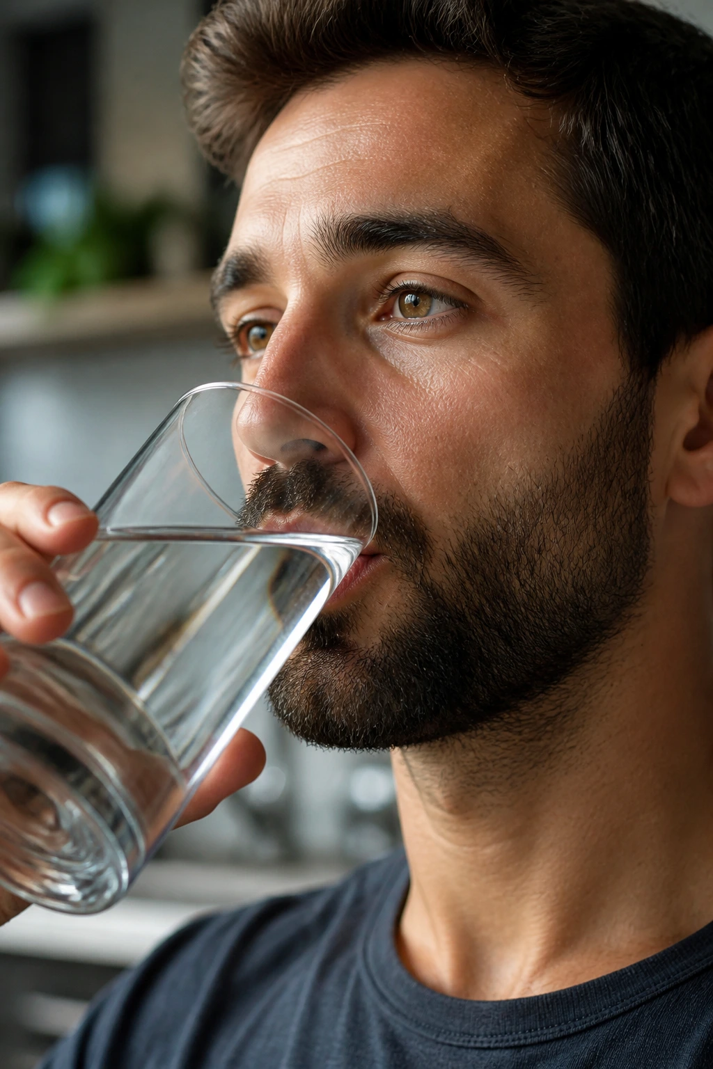Close-up of a real person drinking water in a kitchen