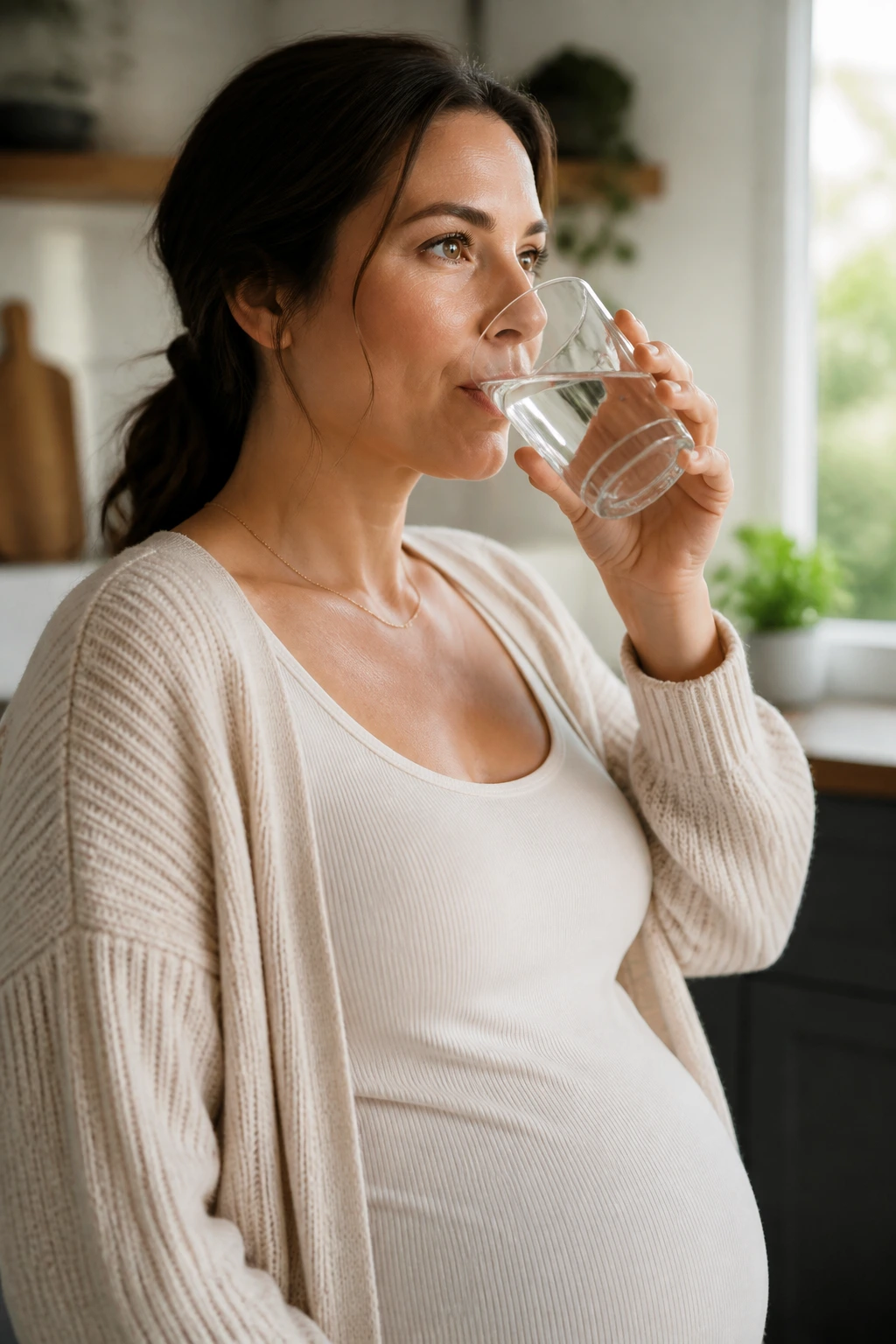 Pregnant woman drinking water in a kitchen