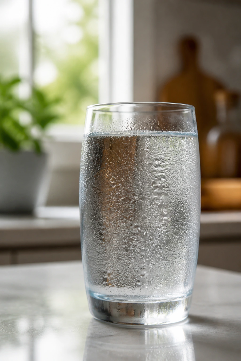 Condensation on a glass of water on a kitchen counter