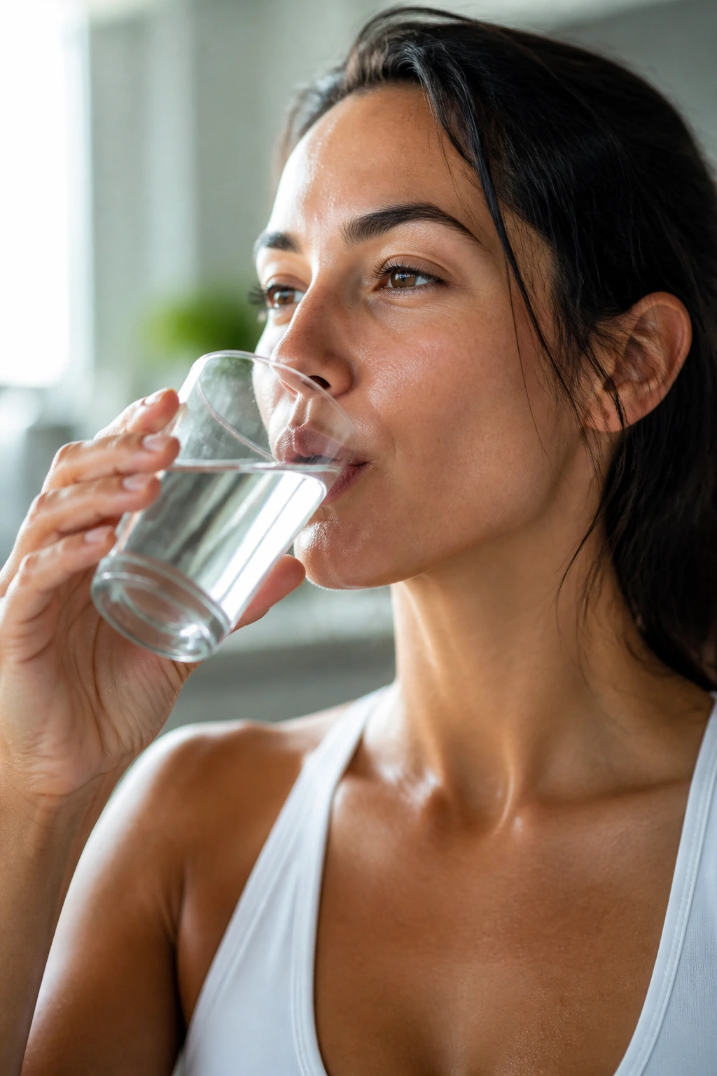 10 Surprising Benefits Of Eating Watermelon At Night 2 Close-up of a person drinking water in a bright kitchen.