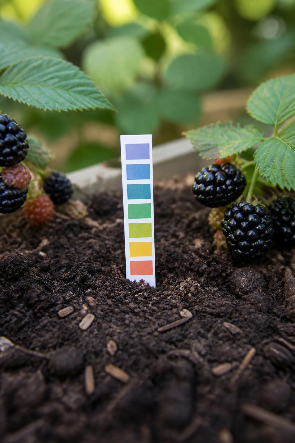 Do Blackberries Like Acidic Soil? All You Need to Know 2 Close-up of soil with a color-coded pH strip showing optimal range for blackberries