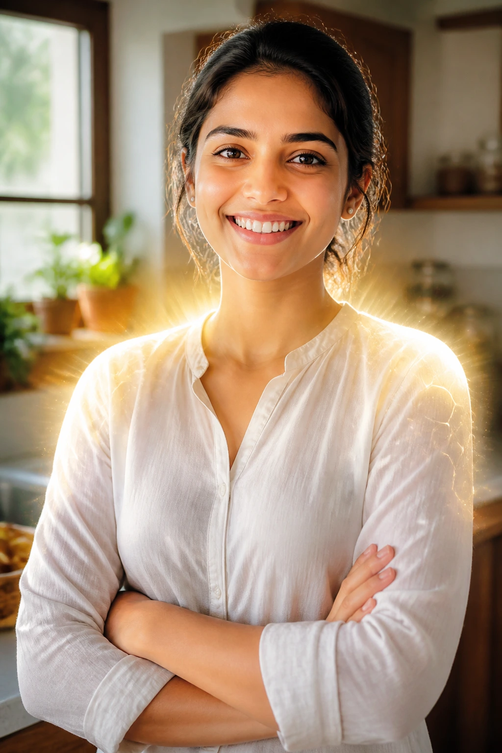 Close-up portrait illustrating immune defense boost with warm indoor lighting