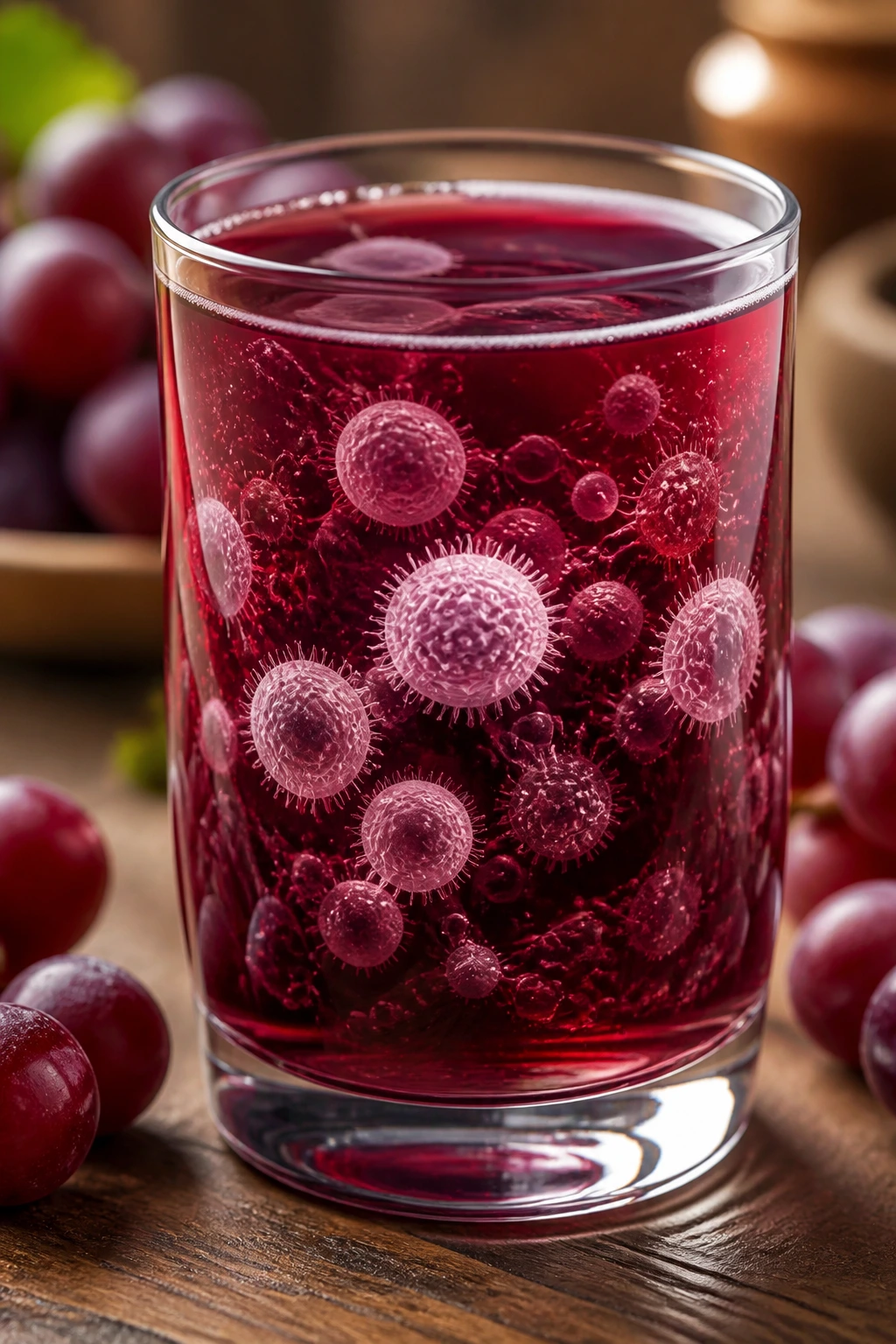 Macro shot of red grape juice with white blood cell-like shapes in suspension.