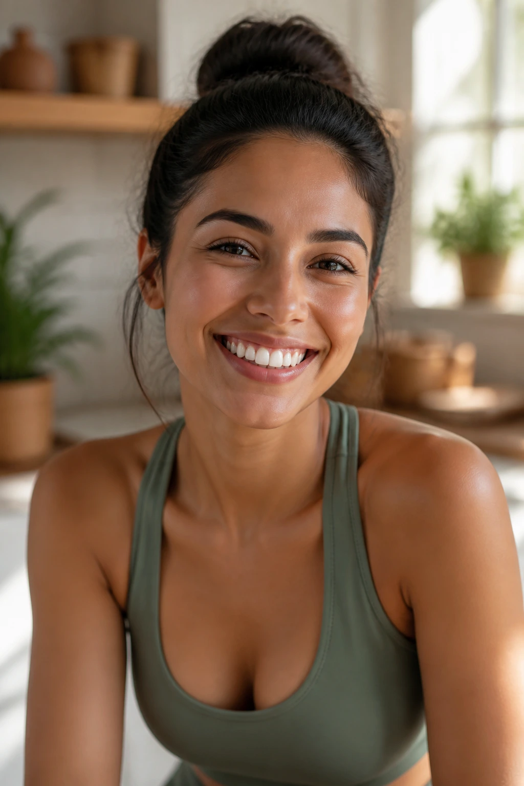 Close-up of a healthy adult in a sunlit kitchen, symbolizing immune support