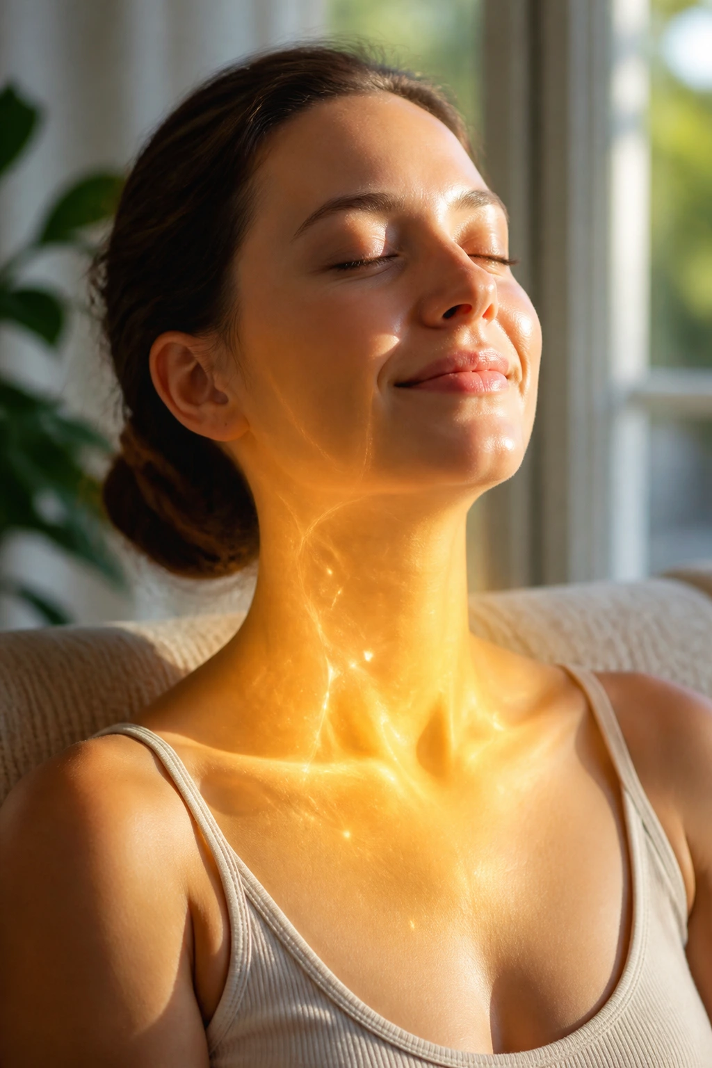 Close-up of a real person with a glow around the chest area symbolizing a strengthened immune system.