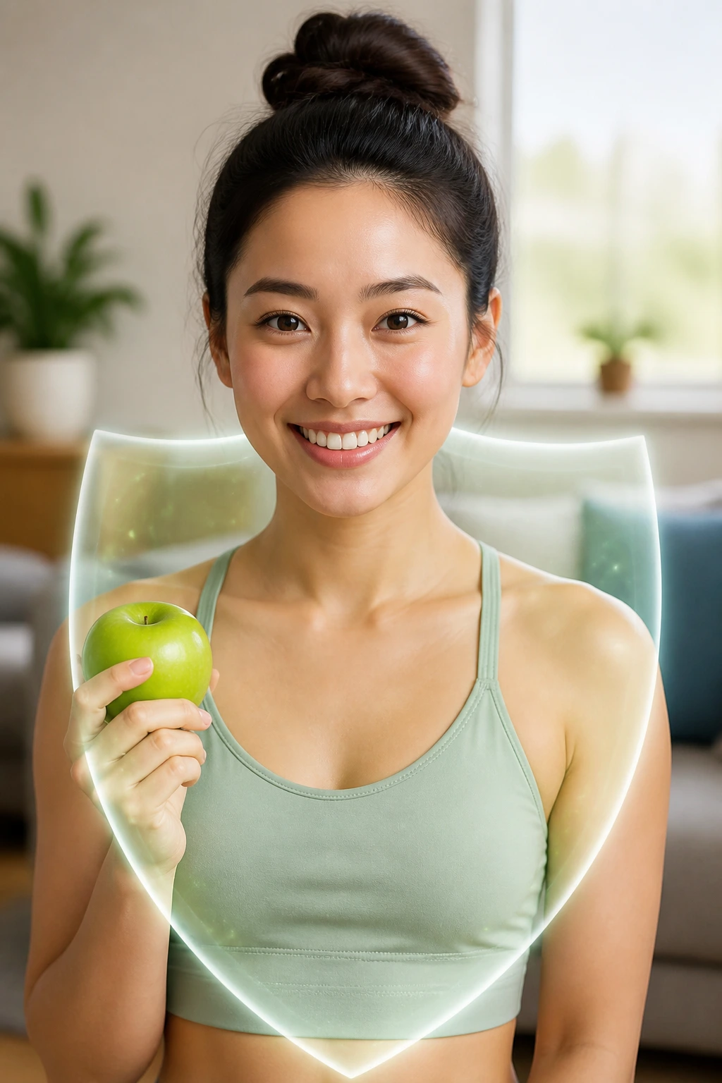 Close-up portrait of a person with a translucent shield glow around the upper torso