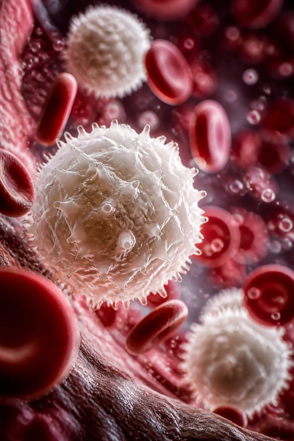 Extreme close-up of white blood cells in a bloodstream-like setting