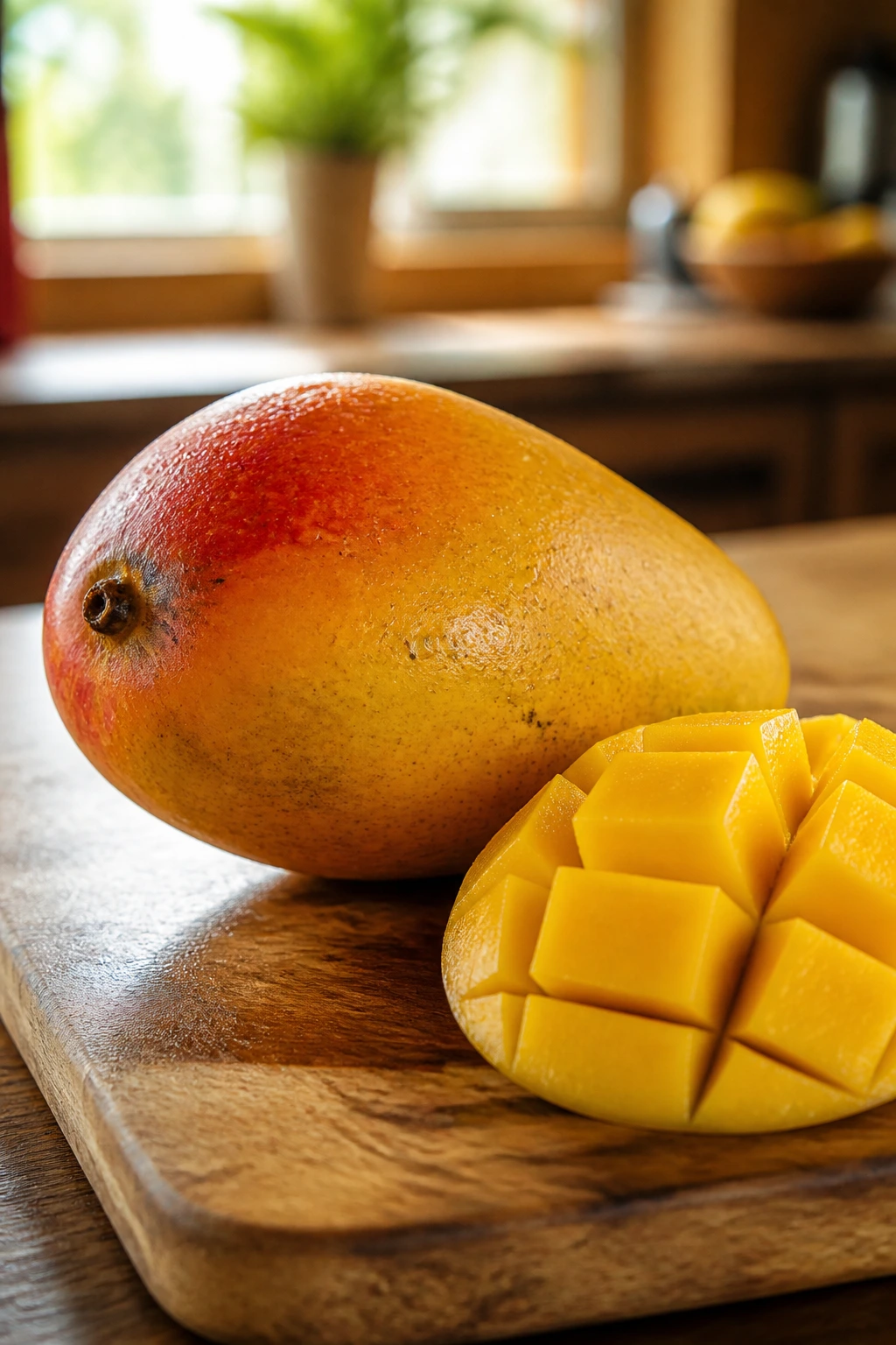 Is Indian Mango Good for Dogs? All You Need to Know 1 Close-up of a ripe Indian mango on a cutting board in a warm kitchen