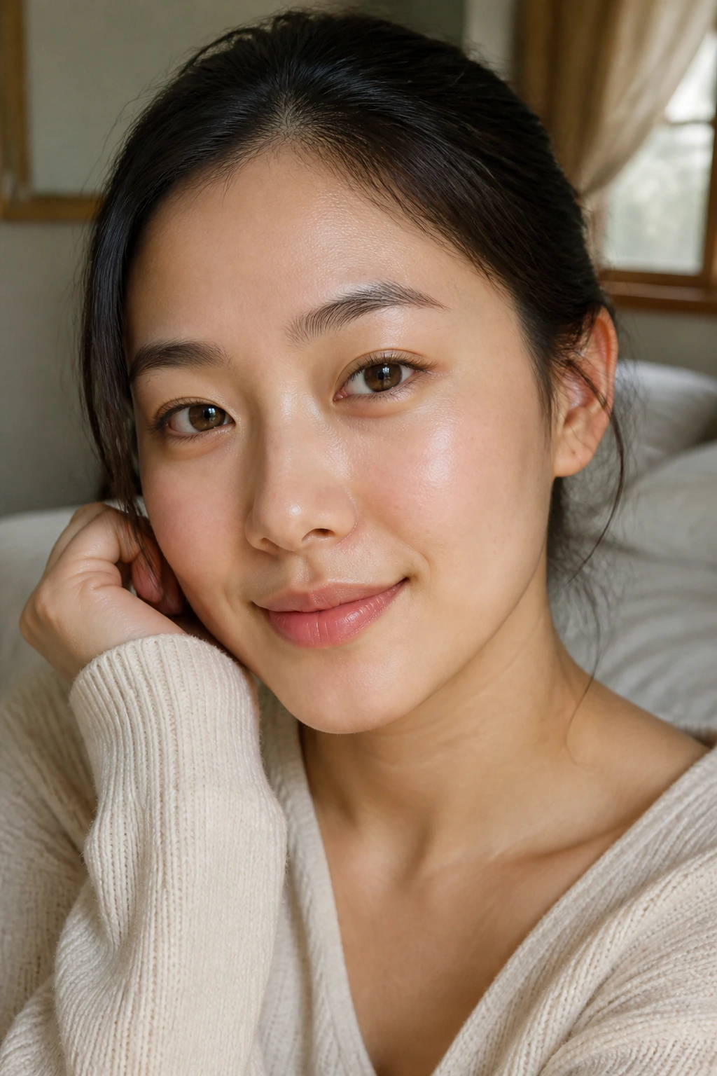 Close-up of a real person's face with calm, soothed inflamed skin