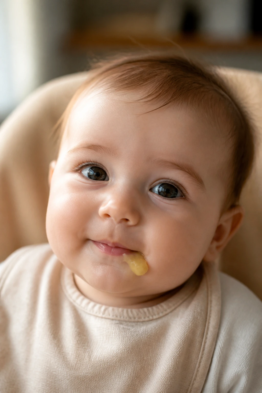 Calm baby with mashed banana near lips in warm light.