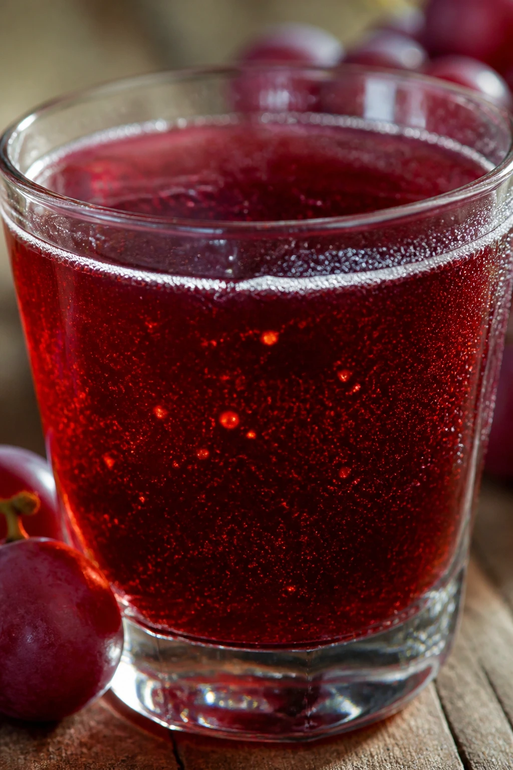 Close-up of red grape juice with glowing particles symbolizing anti-inflammatory compounds.