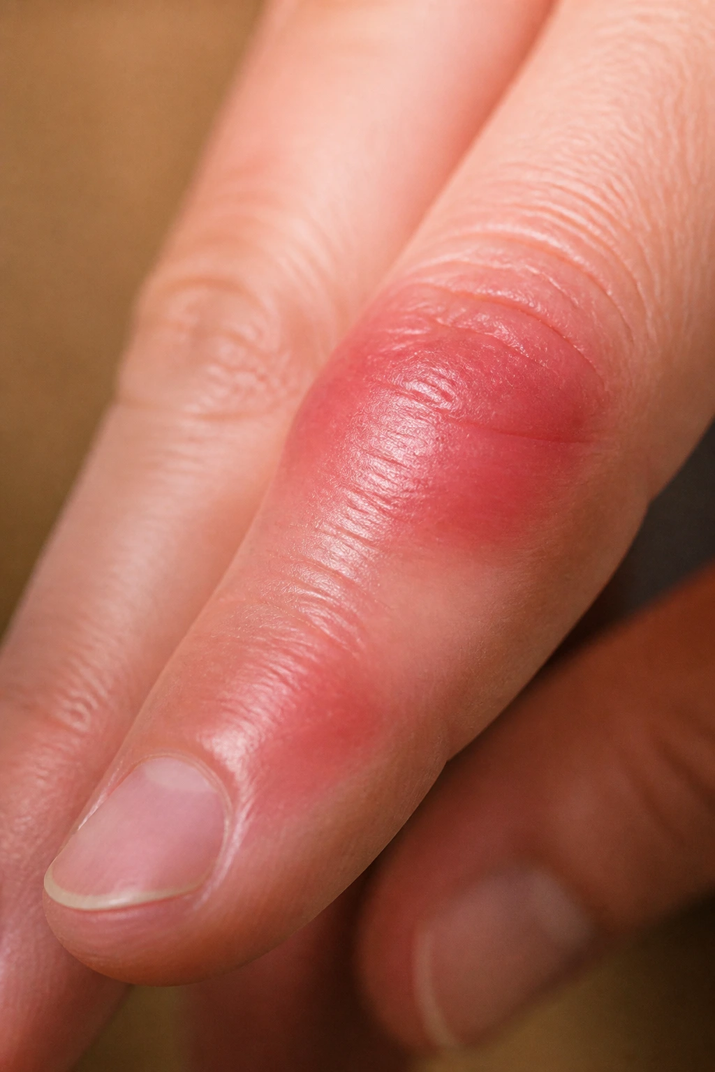 Macro shot of an inflamed, swollen finger on a hand
