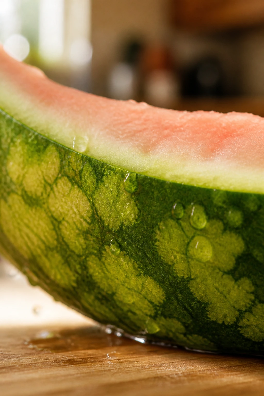 Close-up of dew-covered watermelon rind slice