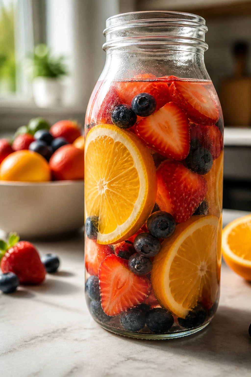 Medium close-up of a glass bottle with water and mixed berries and citrus on a kitchen counter
