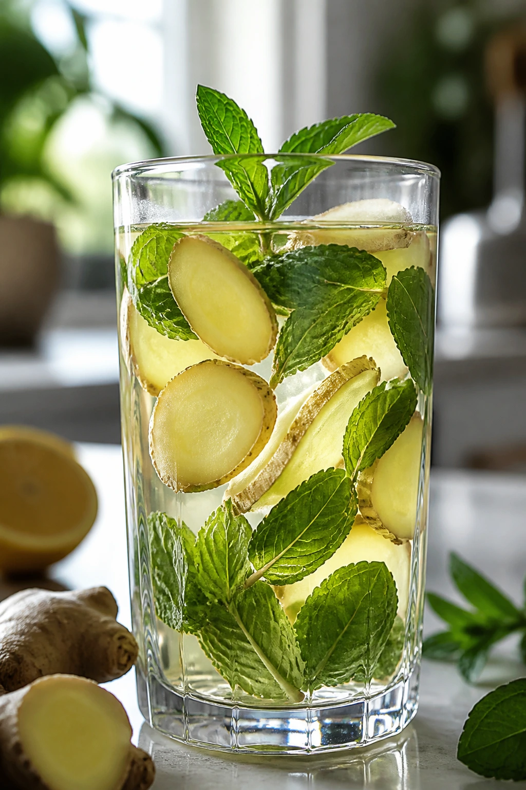 Close-up of a glass with ginger-mint infused water for digestion on a kitchen counter