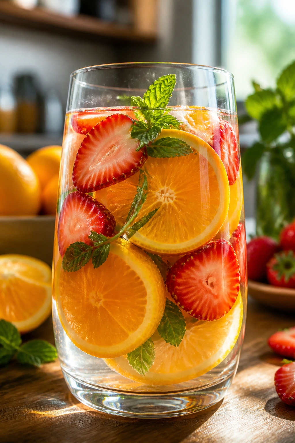 Close-up of a glass of fruit-infused water with orange, strawberry, and mint on a sunlit kitchen counter