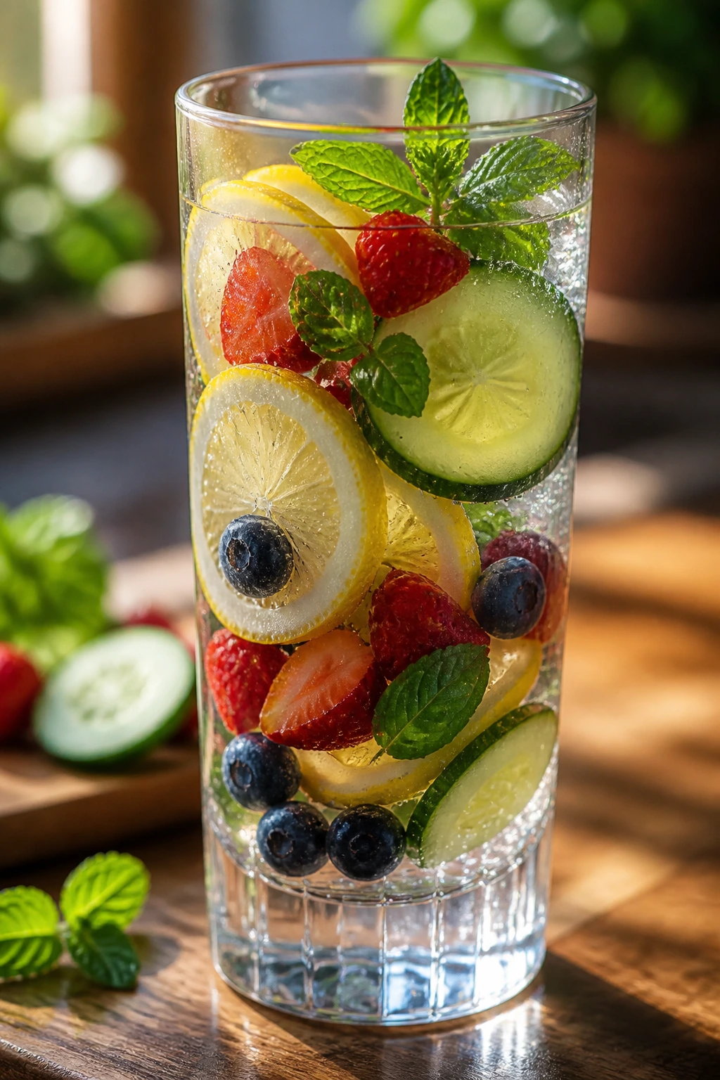 Close-up of a glass of fruit-infused water with citrus slices and mint on a wooden counter in natural light