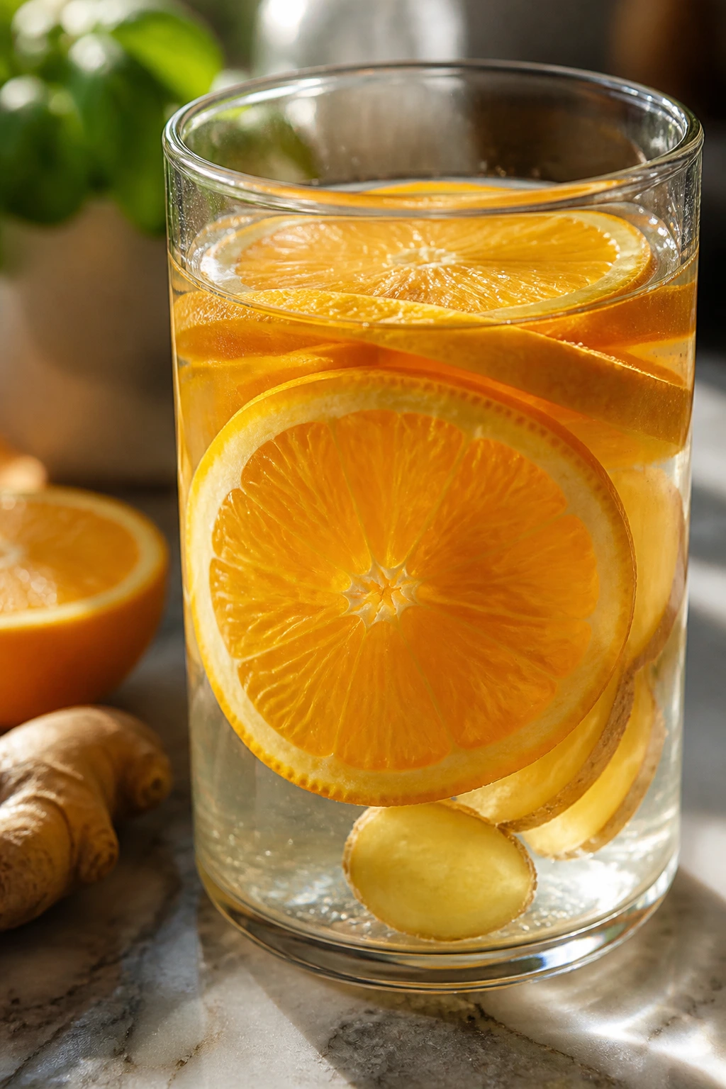 Close-up of a glass of immune-supporting infused water with orange and ginger on a counter