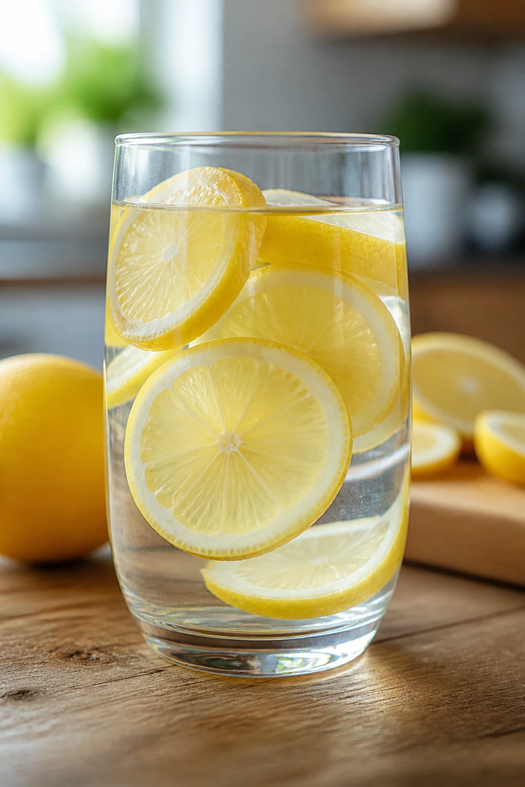 Close-up of a glass of lemon-infused water on a kitchen counter