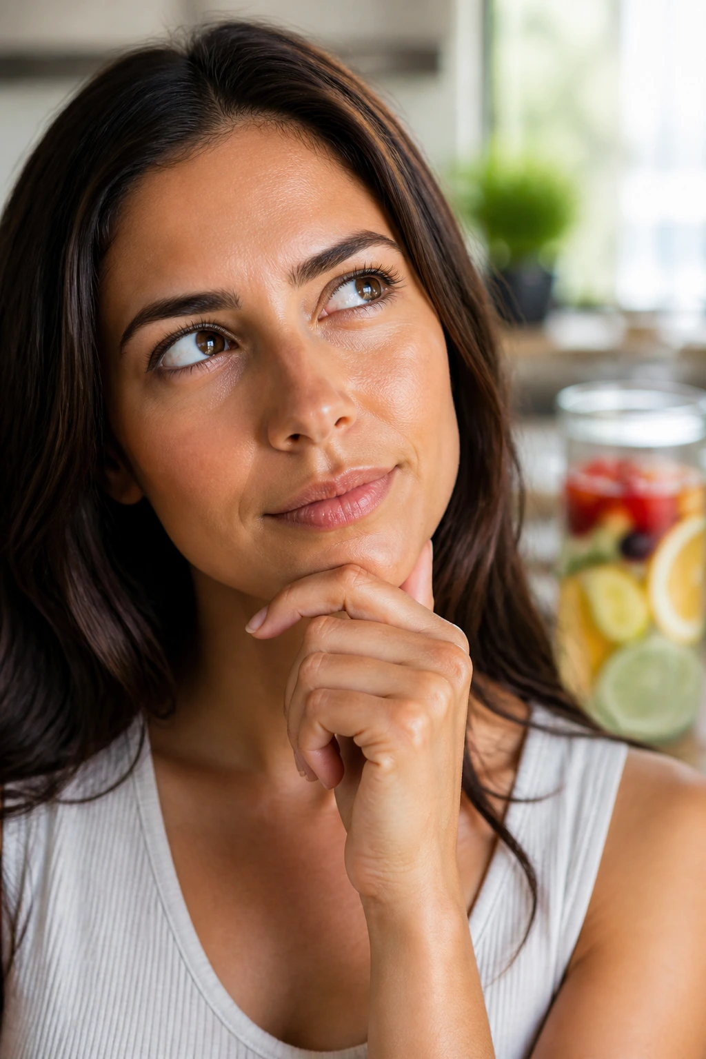 Close-up portrait of a thoughtful person with a glass of infused water visible in the background