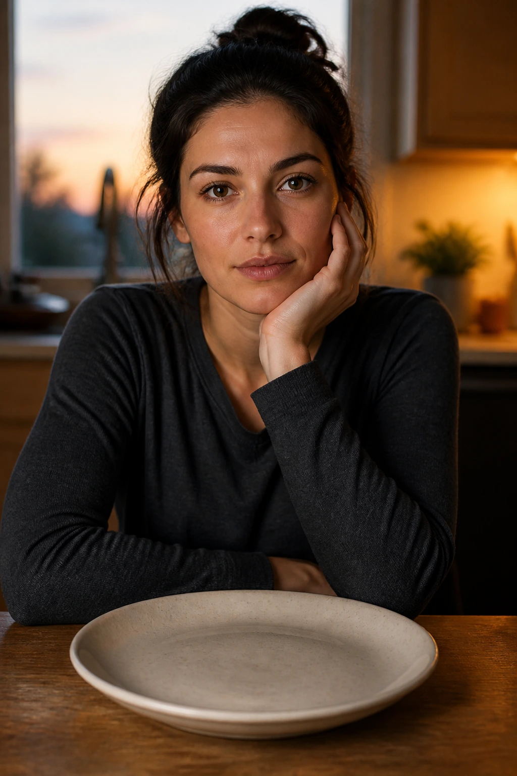 Close-up of a person with an empty plate in a warm kitchen illustrating intermittent fasting