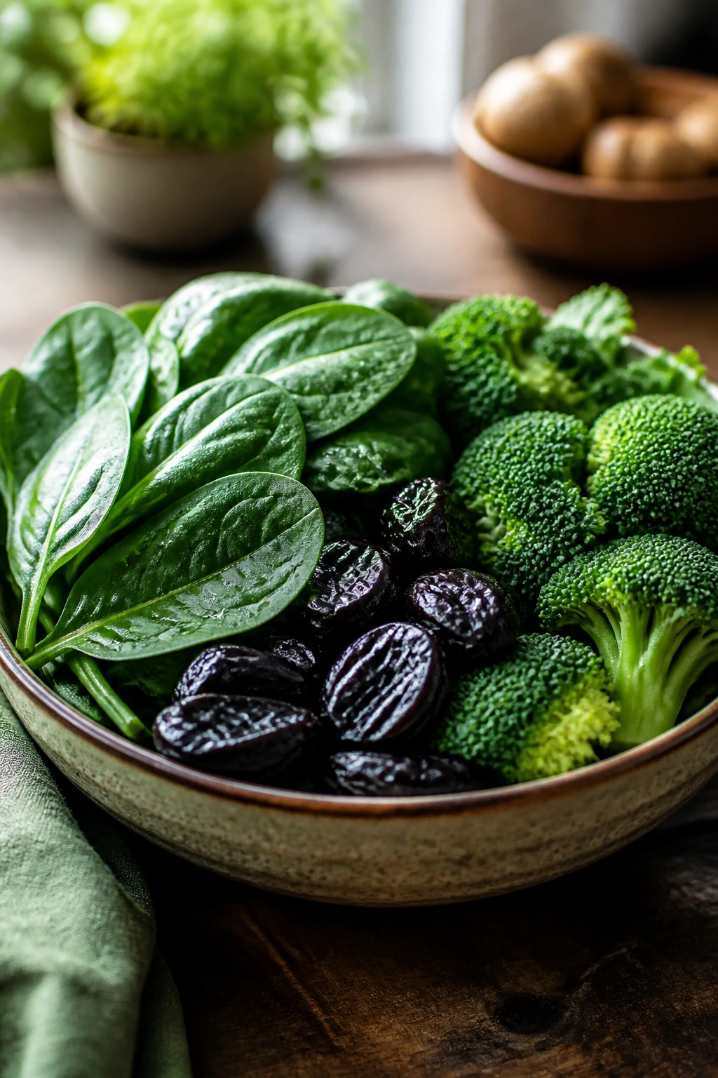 12 Iron-rich Fruits And Vegetables To Add To Your Diet 15 Close-up of iron-rich produce in a rustic bowl featuring spinach, prunes, and broccoli