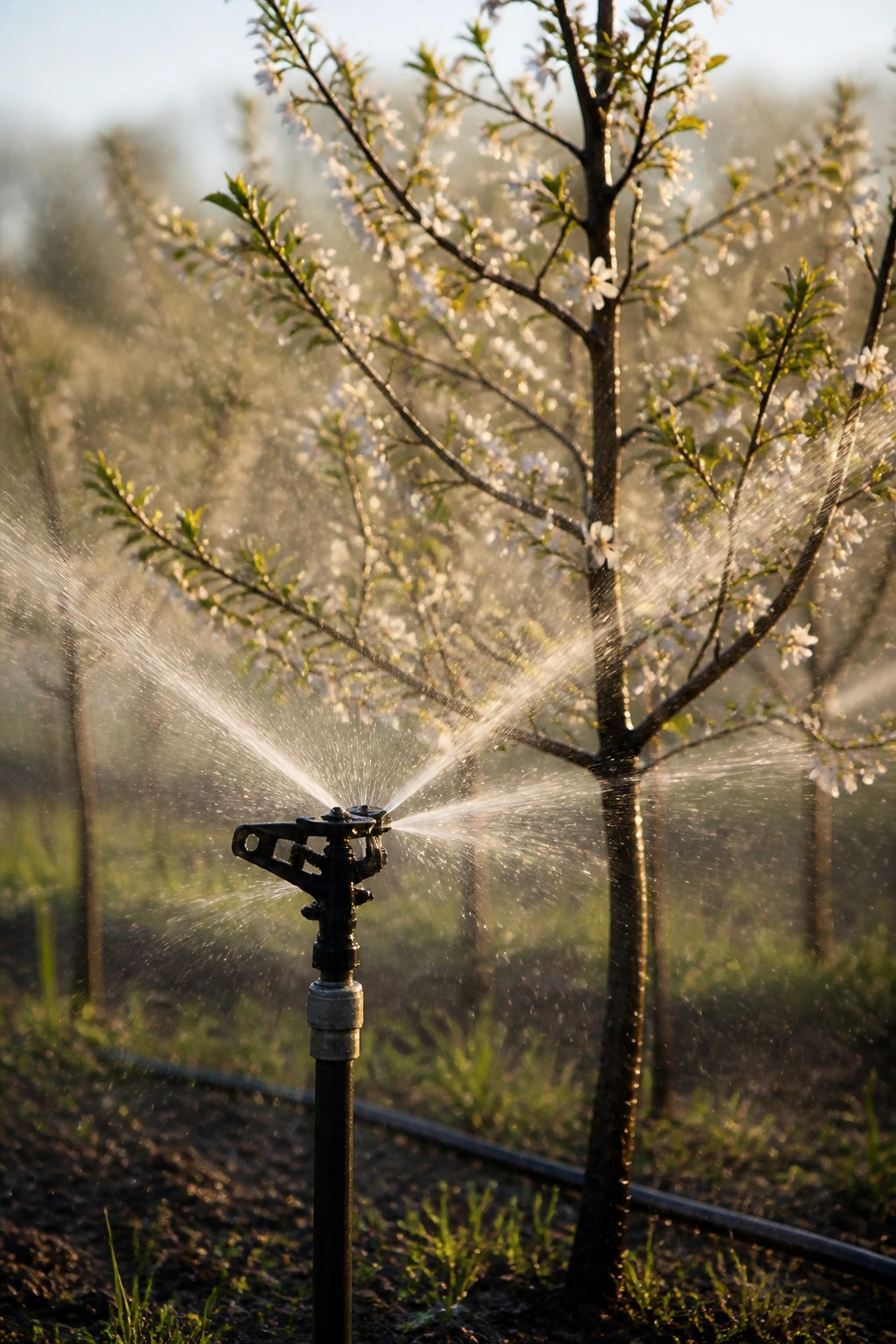 How To Protect Fruit Trees From Frost And Freeze Damage 6 Sprinkler watering a young fruit tree during frost protection in a garden
