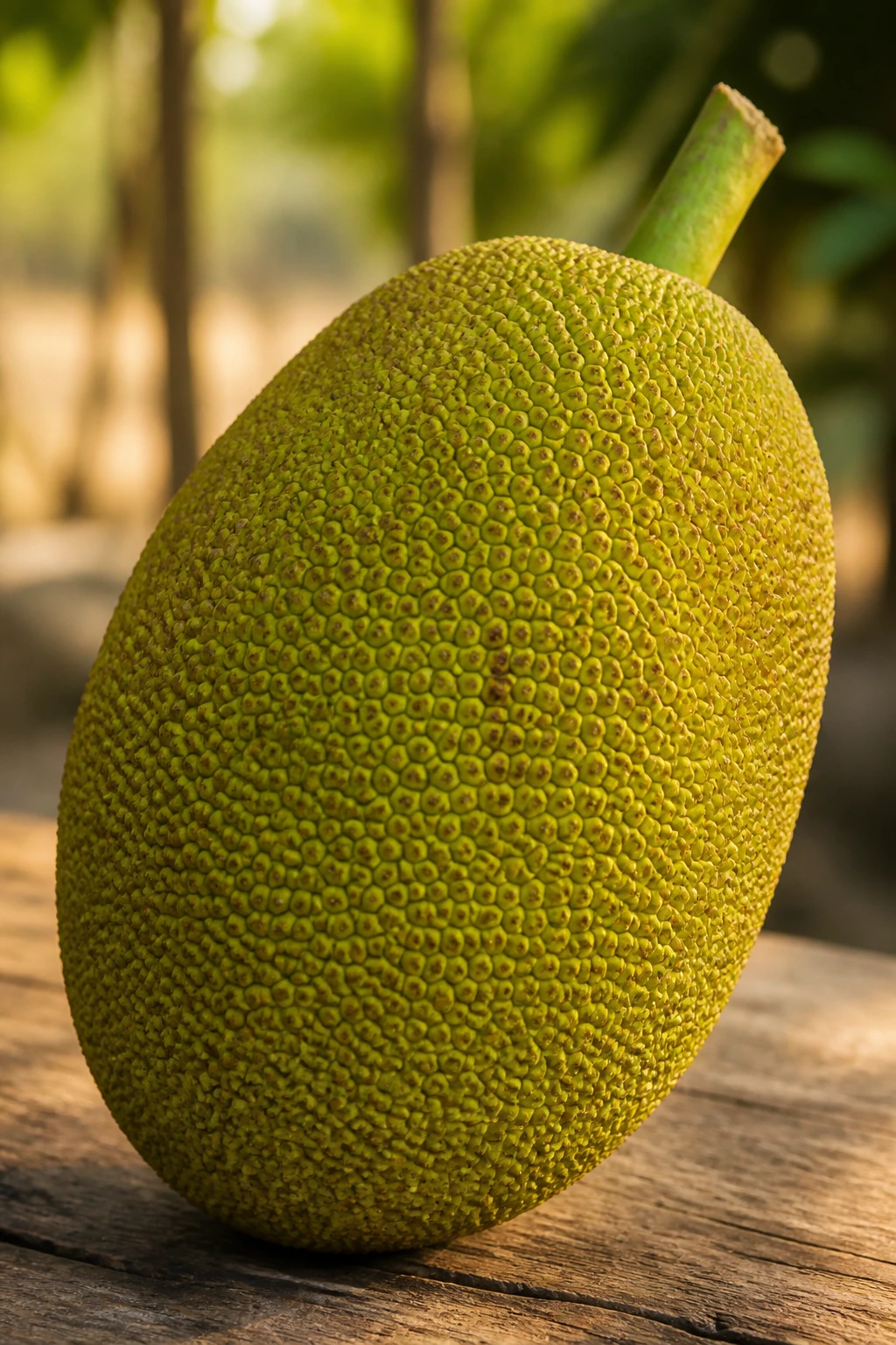 Single jackfruit on wooden surface in calm setting