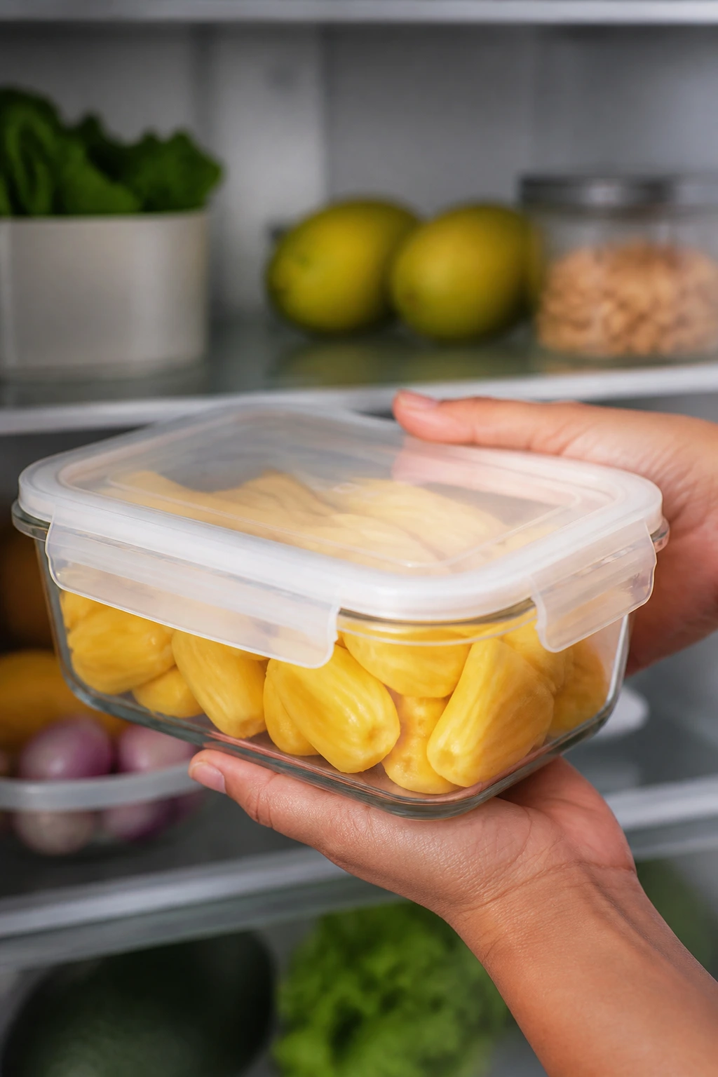 Chopped jackfruit pieces in airtight container for freezing