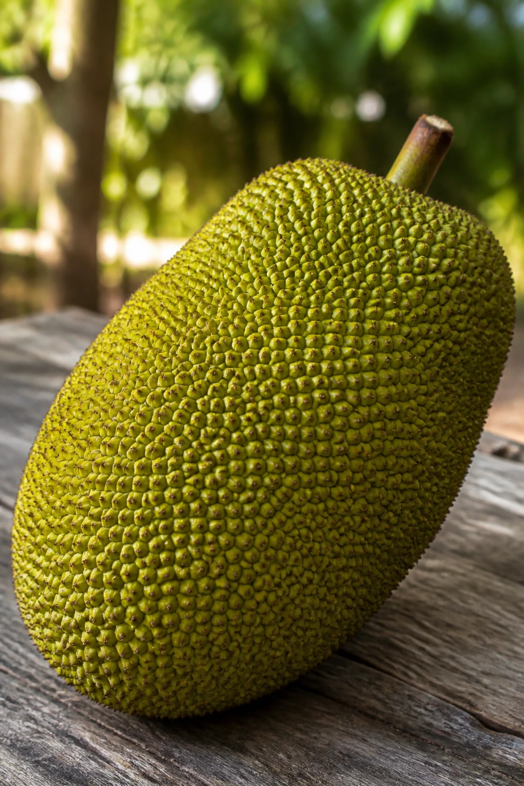 Breadfruit Vs Jackfruit: What's Really The Difference? 2 Close-up of a large jackfruit on a wooden table in daylight