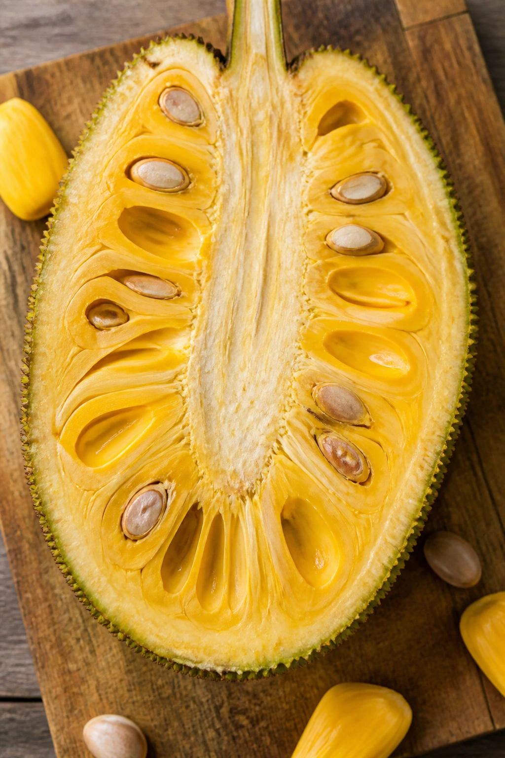 Cross-section of jackfruit with bulbs and seeds