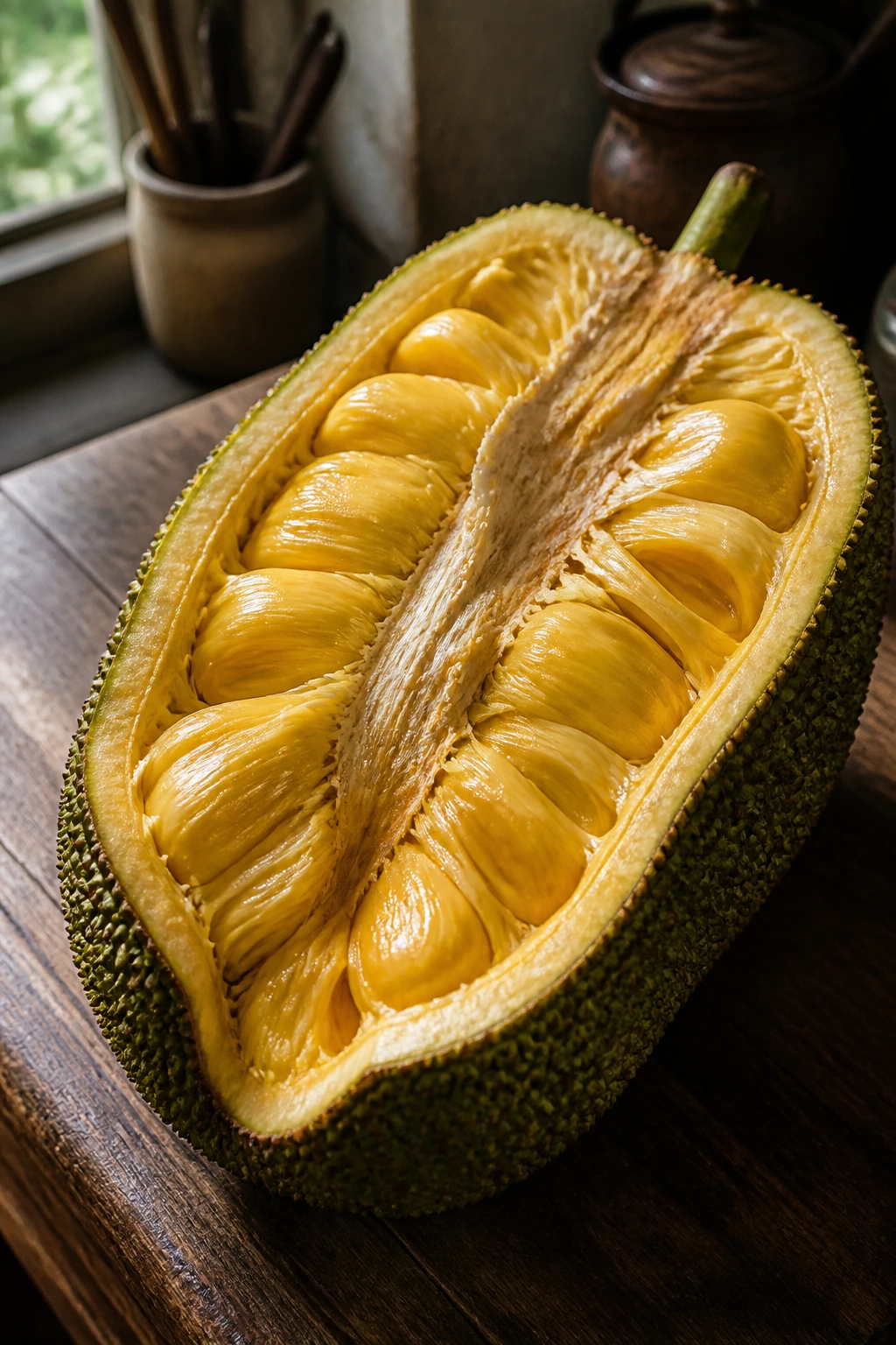 Close-up of halved jackfruit showing yellow bulbs on wooden counter