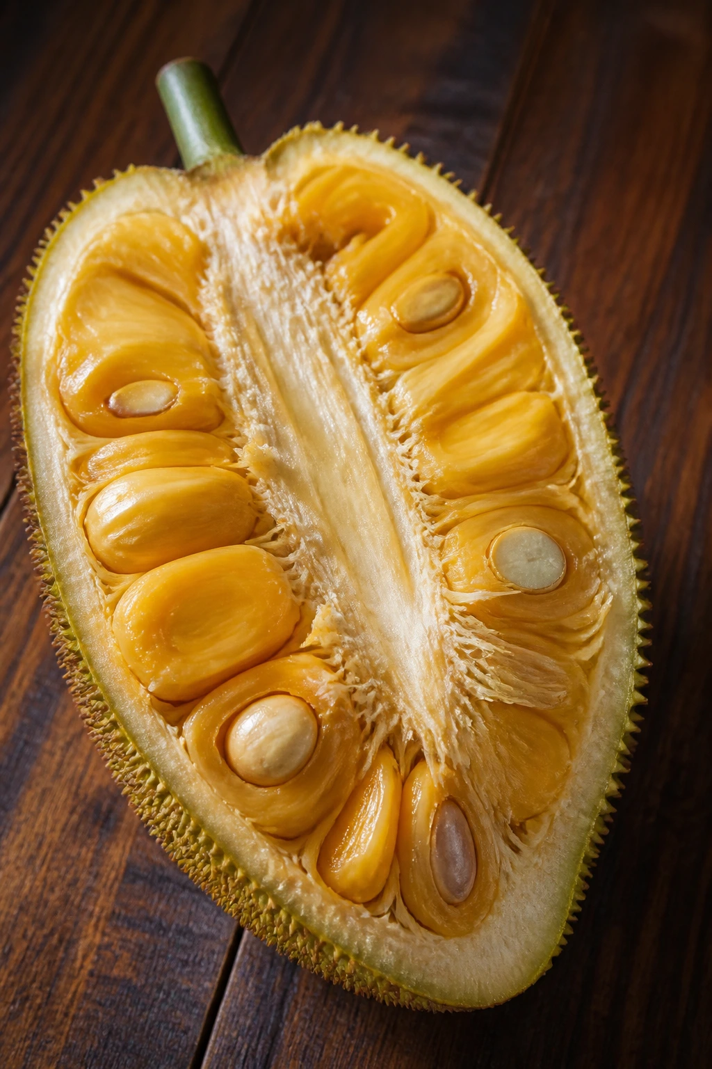Halved jackfruit showing bright yellow edible bulbs on a wooden surface
