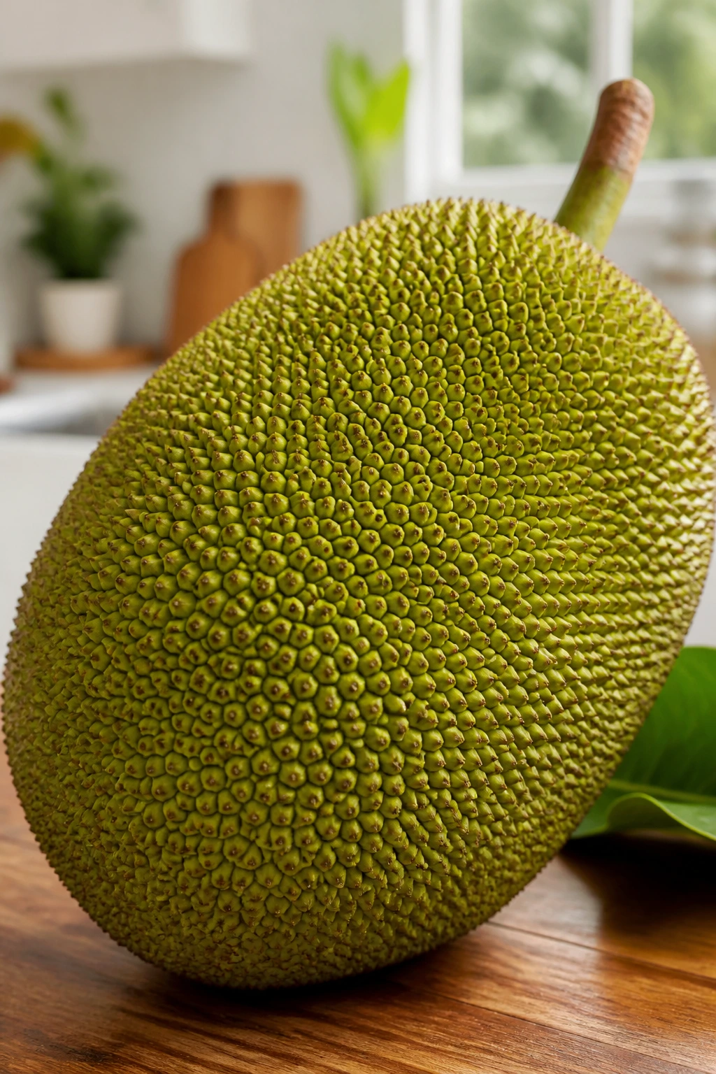Whole vibrant jackfruit on bright kitchen counter