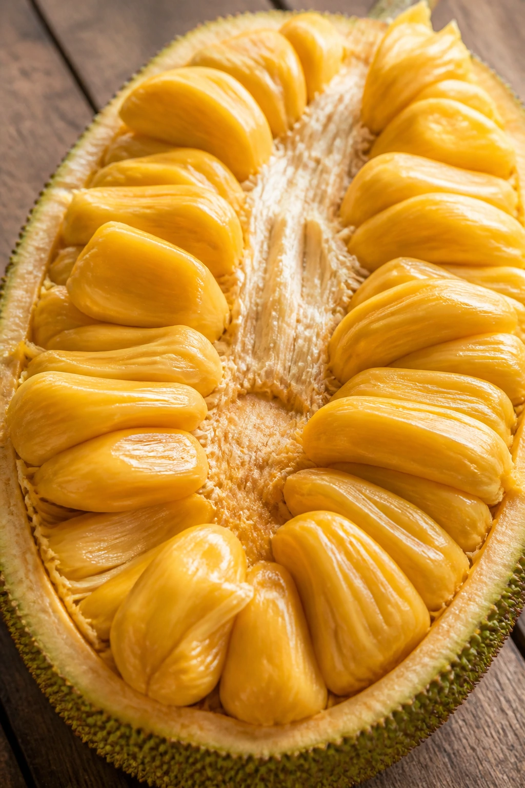 Cross-section of jackfruit with yellow pods on wooden surface
