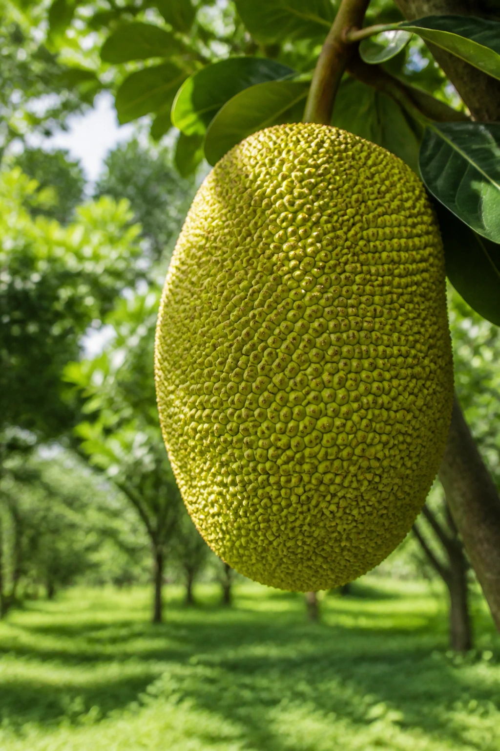 Ripe jackfruit hanging in an orchard