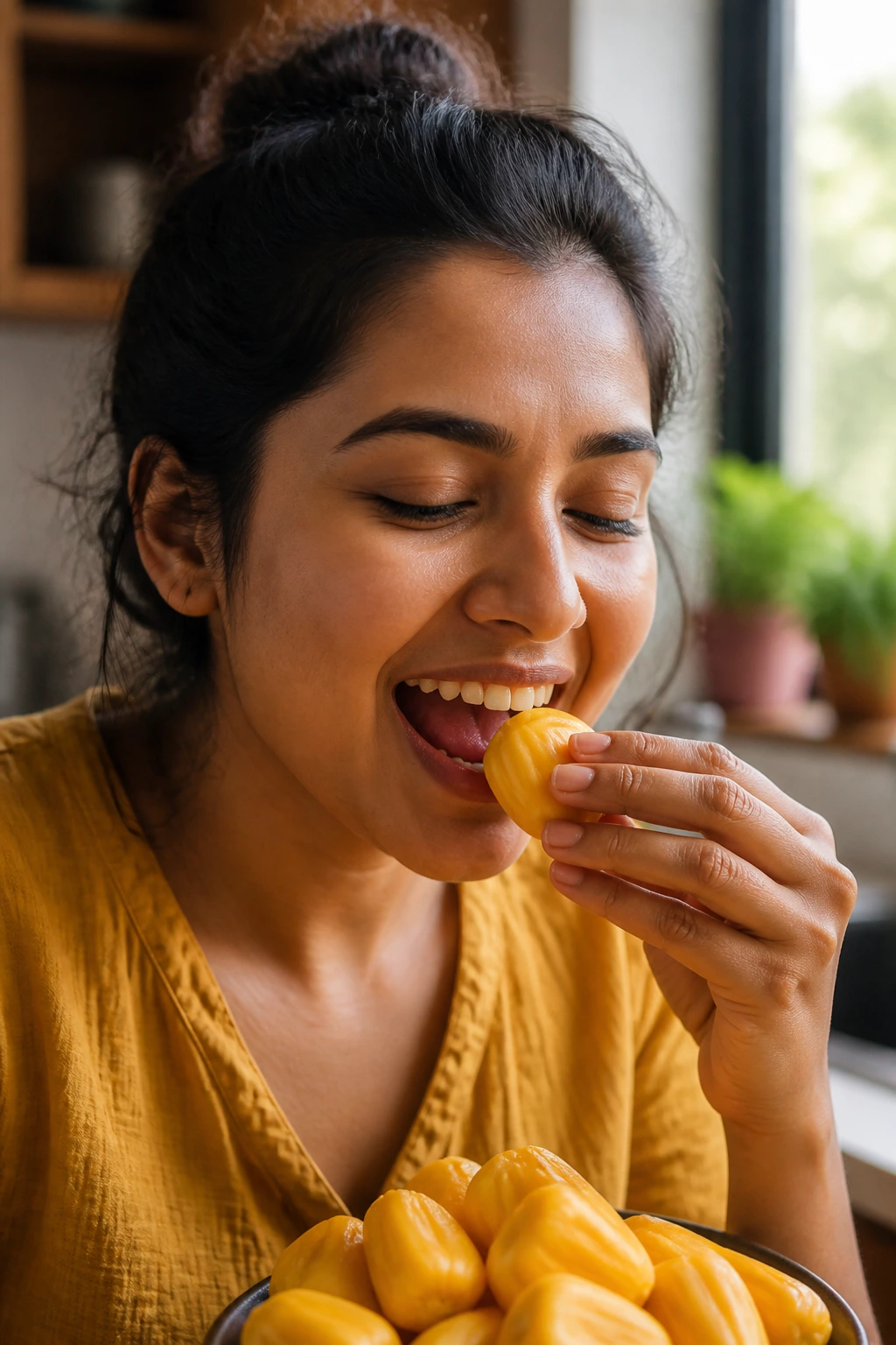Portrait of a real person enjoying jackfruit