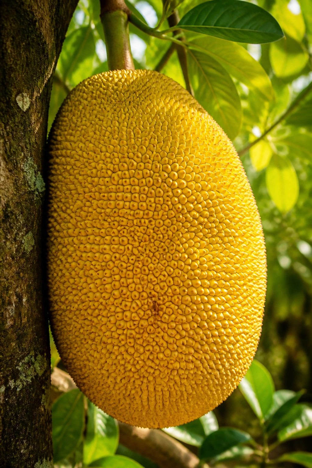 Close-up of a ripe jackfruit hanging on a tree in a tropical setting