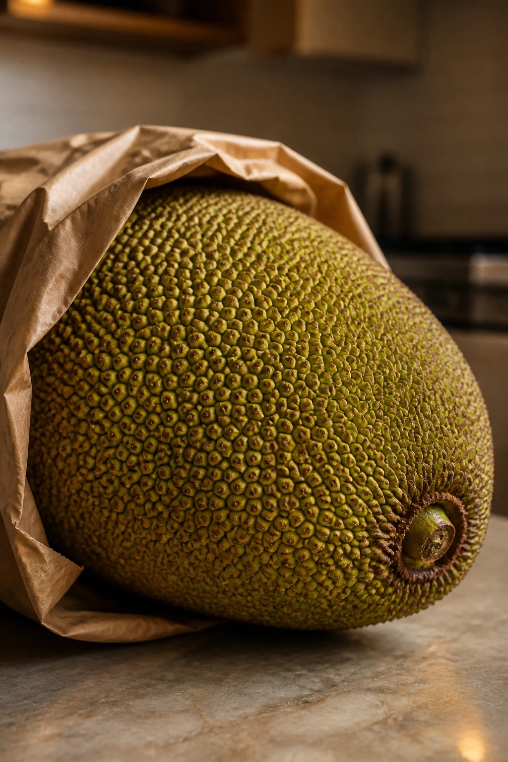 How To Ripen Jackfruit Faster: In 5 Easy Tips 2 Jackfruit partly in a paper bag ready to ripen on a kitchen counter