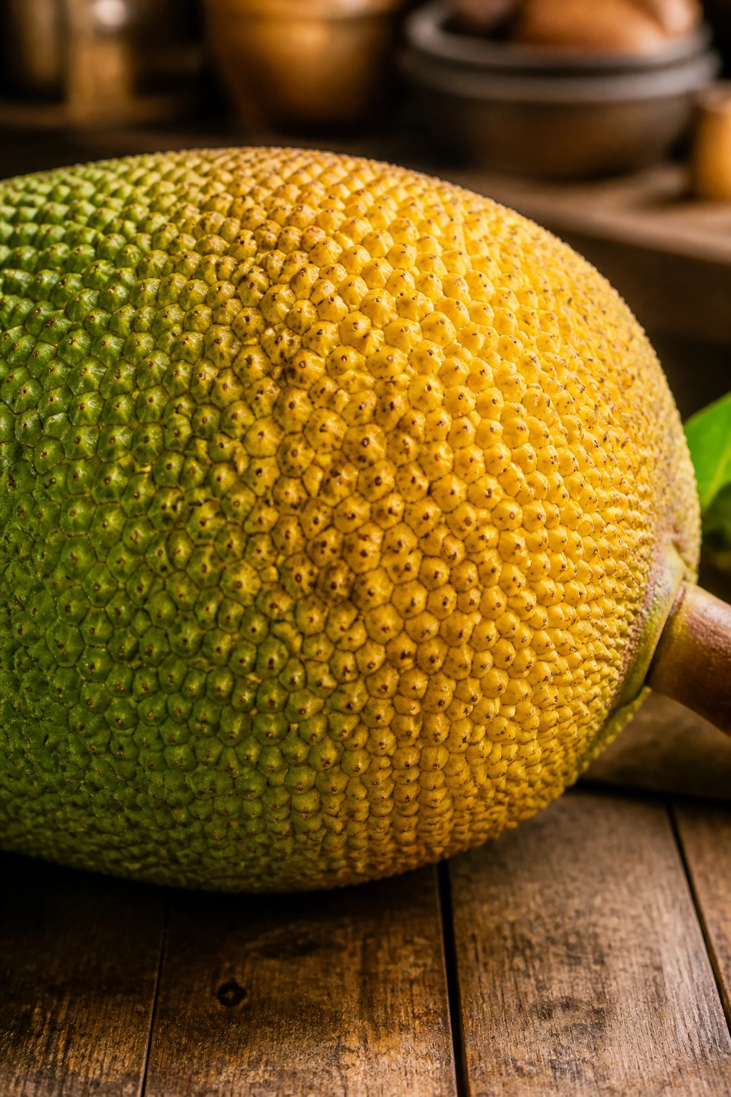 How To Ripen Jackfruit Faster: In 5 Easy Tips 1 Close-up of jackfruit showing ripening gradient from green to yellow on a wooden surface