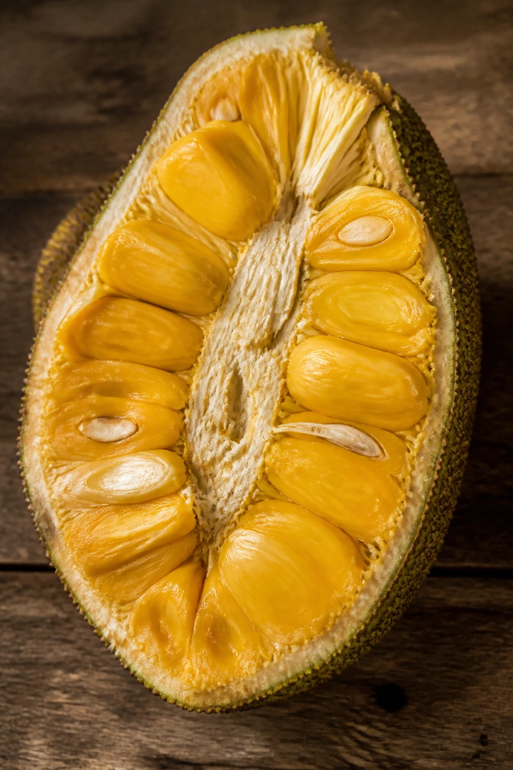 Sliced jackfruit exposing yellow bulbs on rustic surface