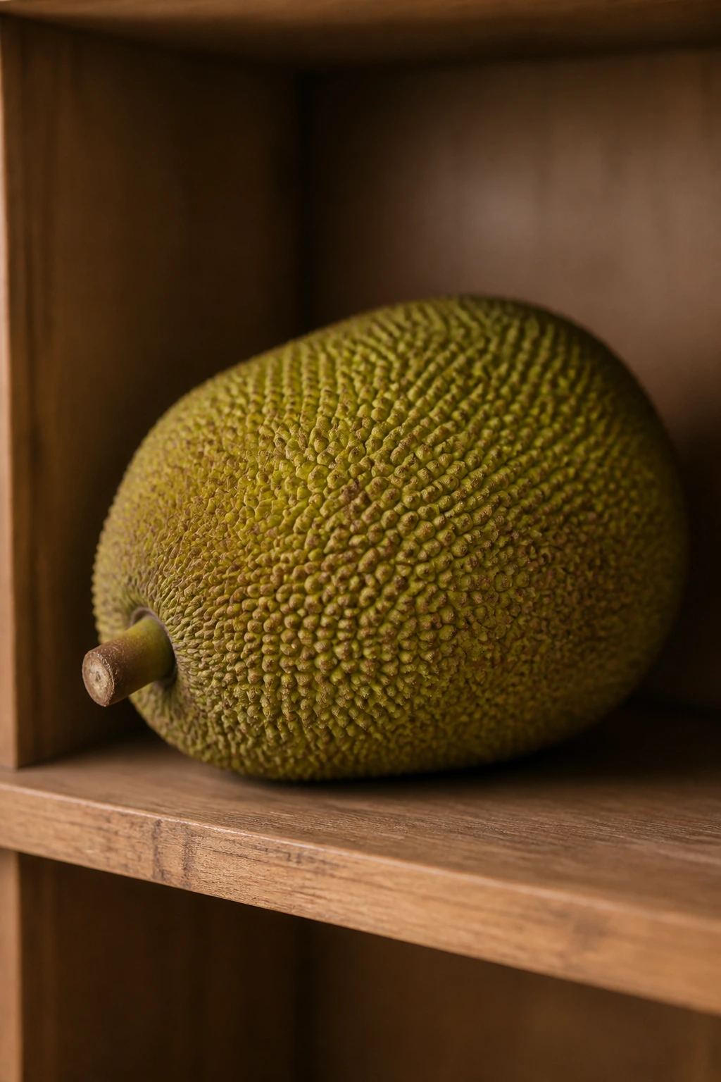 Jackfruit resting on a wooden pantry shelf in a cool storage area